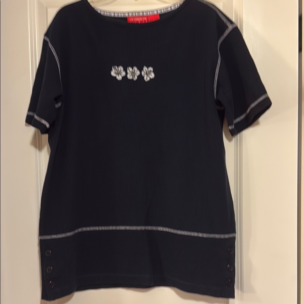 Blue Women's Top with Floral Embroidery